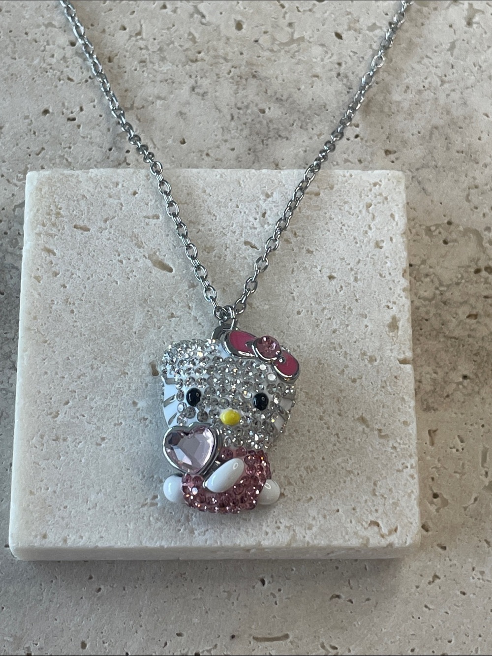 Swarovski Crystal Hello Kitty Inspired Silver Necklace with Pink Accents
